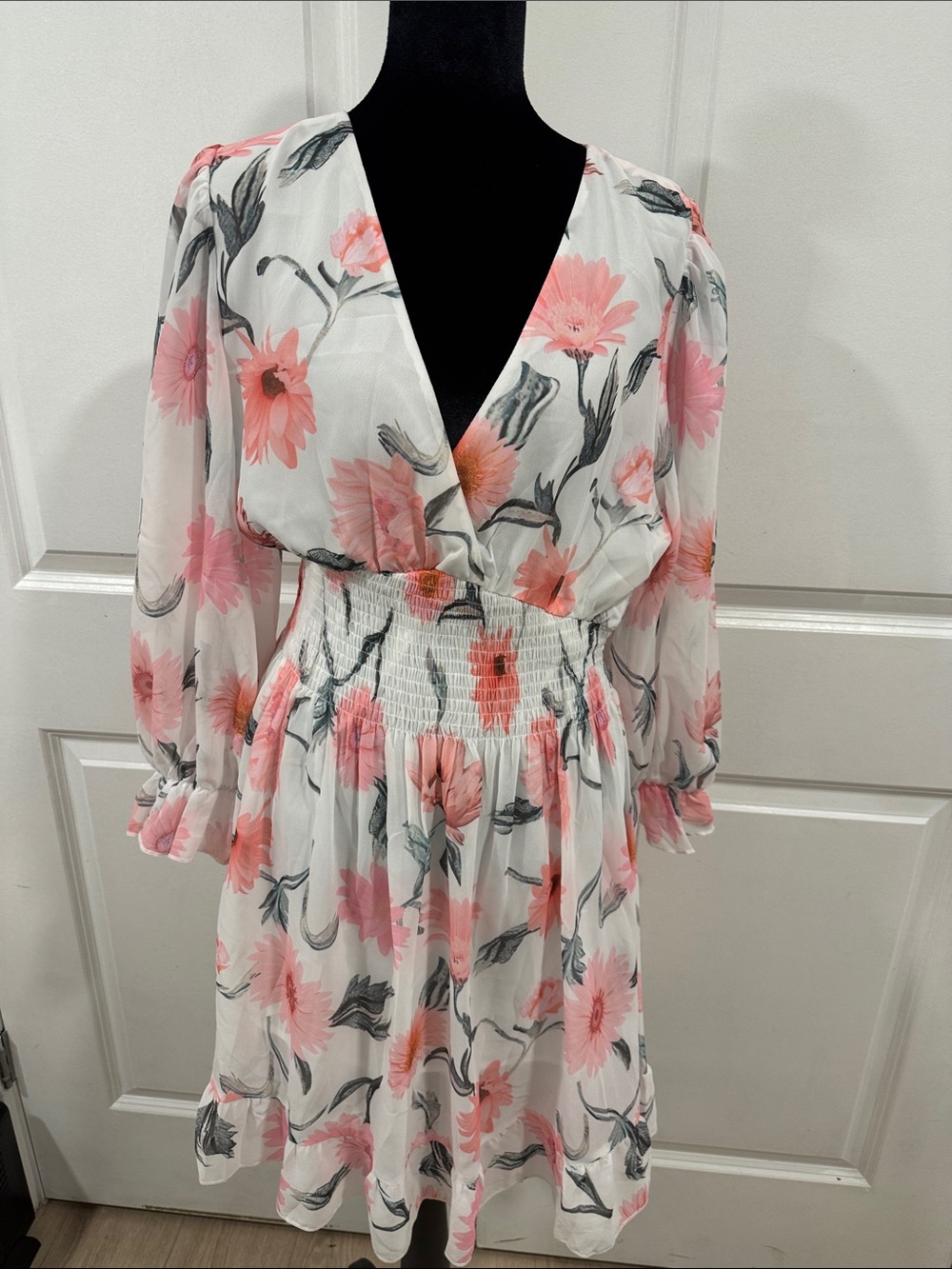 White & Pink Floral V-Neck Smocked Waist Dress